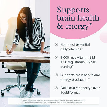 Youtheory Vitamin B12 B6, Daily Energy and Brain Support Supplement, Liquid Raspberry Flavor, 12 – 1oz Single Serving Packets