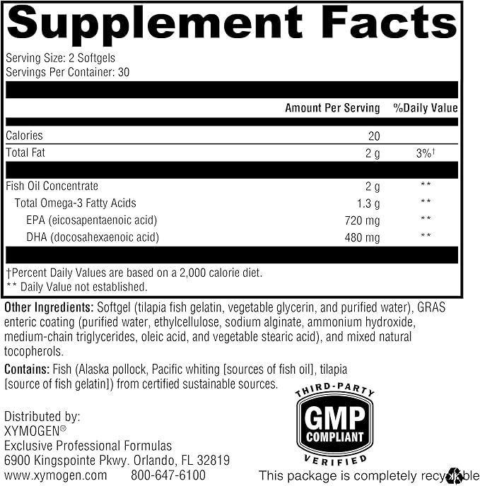 XYMOGEN OmegaPure 600 EC Omega-3 Supplement (60 Softgels)