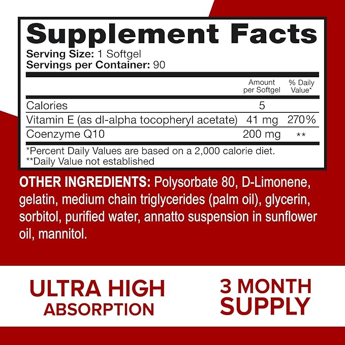 Qunol CoQ10 200mg Softgels, Ultra CoQ10 Q10 Supplements 90 Count