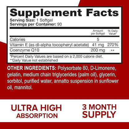 Qunol CoQ10 200mg Softgels, Ultra CoQ10 Q10 Supplements 90 Count