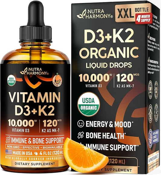 Vitamin D3 K2 USDA Organic Drops - Vitamin D3 10000 IU & K2 as MK-7 120mcg - Immune & Mood Support, Bone & Teeth Health - Sugar-Free Orange Flavor - Liquid Supplement - Made in USA - 4 FL OZ, 120 Days
