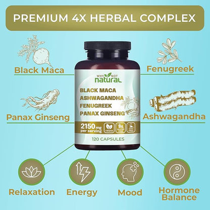Why Not Natural 4-in-1 Organic Black Maca Root, Ashwagandha, Fenugreek, Panax Ginseng Capsules, Supplement for Men and Women (120 Count (Pack of 1)