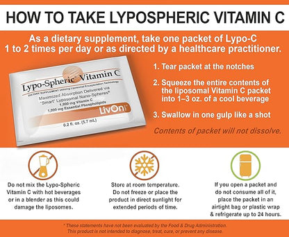 LivOn Laboratories Lypo–Spheric Vitamin C – 12 Cartons (360 Packets) 1,000 mg 1,000 mg 100% Non–GMO