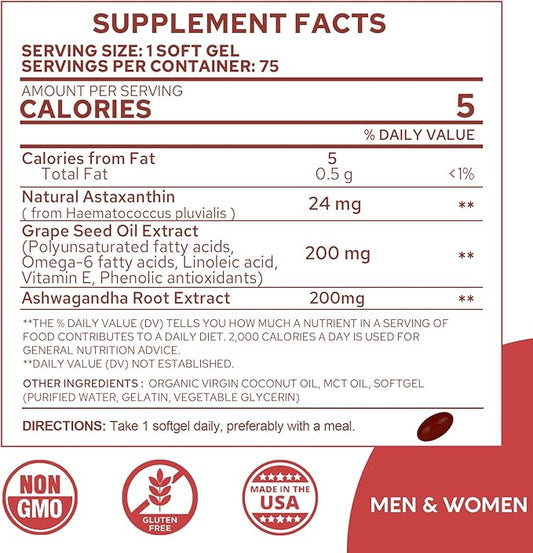 Astaxanthin Supplements 24mg, 5 Month Supply - Coconut MCT Oil, Fresh Microalgae Source w/Grape Seed Oil, Ashwagandha - Antioxidants for Healthy Skin, Eyes, Jints, Non-GMO & Gluten Free, 150 Softgels