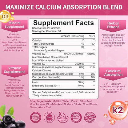 Vitamin D3 10000 IU + K2 (MK-7) 200mcg w/Calcium Magnesium Zinc Elderberry & Inulin-Highly Bioavailable-Enhanced Absorption for Immune & Bone Support- K2 D3 Vitamin Supplement-Vegan Gummies