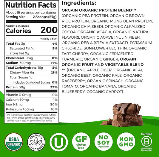 Orgain Organic 30g Vegan Protein Powder, 9g EAAs+BCAAs, 6g Prebiotic 1g Sugar, 2.01lb (Packaging