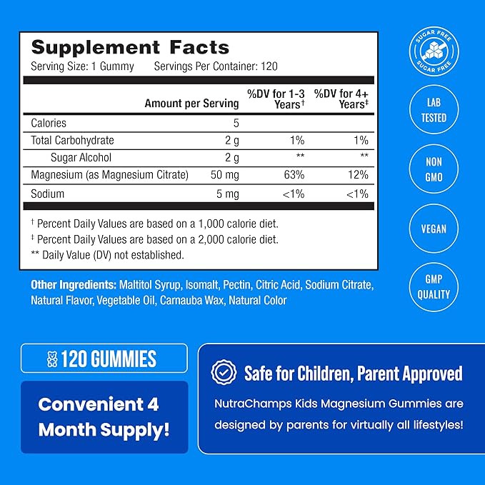 Kids Magnesium Gummies - Sugar Free Calm Magnesium Gummies for Kids - 4 Month Supply - Supports Bone Health, Sleep - Magnesium Citrate for Kids Supplement - 120 Children’s Vegan Magnesium Calm Gummies