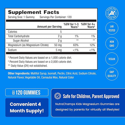 Kids Magnesium Gummies - Sugar Free Calm Magnesium Gummies for Kids - 4 Month Supply - Supports Bone Health, Sleep - Magnesium Citrate for Kids Supplement - 120 Children’s Vegan Magnesium Calm Gummies
