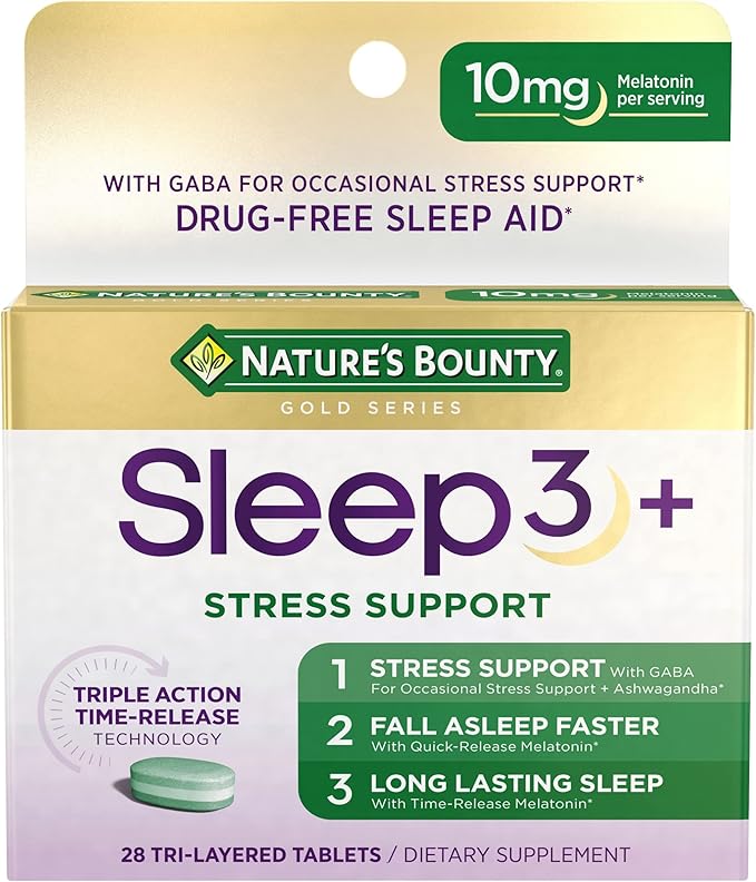 Nature's Bounty Stress Support Melatonin, Sleep3 100% Drug 10mg, 28 28 Tri-Layered