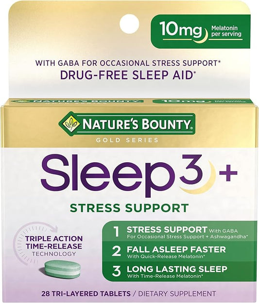 Nature's Bounty Stress Support Melatonin, Sleep3 100% Drug 10mg, 28 28 Tri-Layered