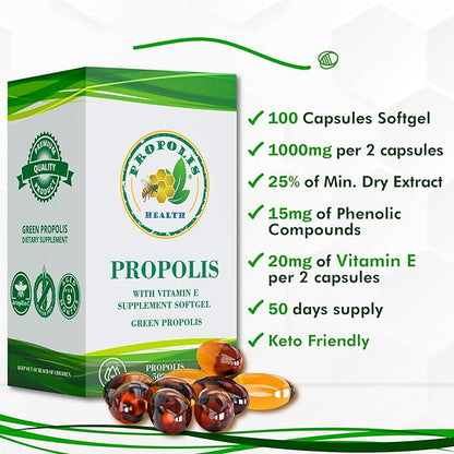 Propolis Health Propolis Capsules 1000mg-Daily 2 Capsules 50 Days (100 Capsules)