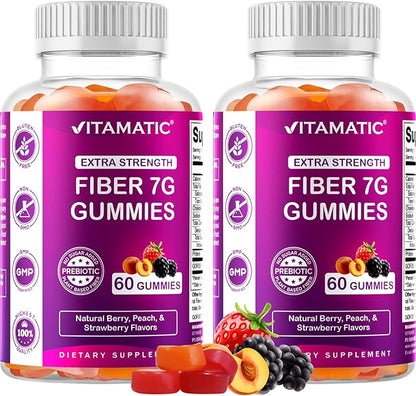 Vitamatic 2 Pack Prebiotic Fiber Gummies for Adults - 7G Fiber Extra Strength - Zero Sugar Added - 60 Pectin Based Gummies - Digestive Health & Regularity Support, (Total 120 Count)