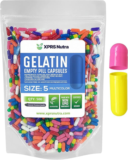 XPRS Nutra Size 5 Empty Capsules - 500 Count Very Small Empty Gelatin Capsules - Empty Pill Capsules - DIY Capsule Filling - Fillable Pill Capsules Empty Gel Caps (Multi Color)