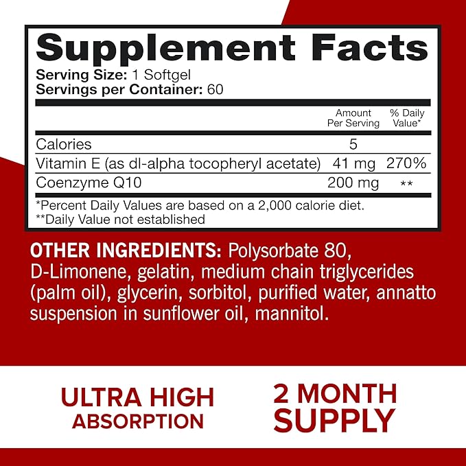 Qunol CoQ10 200mg Softgels, Ultra CoQ10 Q10 Supplements 2 Month 60 Count