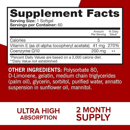 Qunol CoQ10 200mg Softgels, Ultra CoQ10 Q10 Supplements 2 Month 60 Count