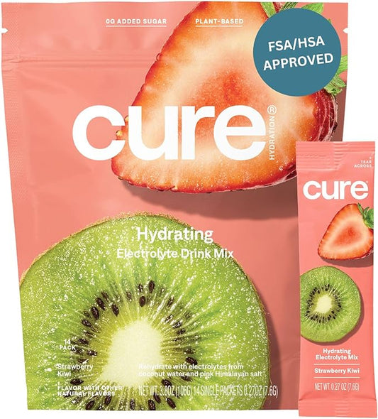 Cure Hydration | Plant-Based Electrolyte Drink Mix | No Added Sugar | FSA & HSA | Dehydration Relief Powder Made with Coconut Water | Non-GMO | Vegan | Pouch of 14 Packets - Strawberry Kiwi