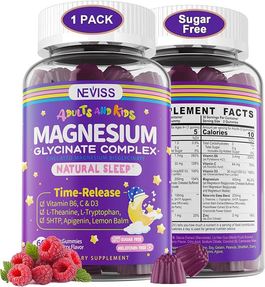 Magnesium Glycinate Gummies for Adults & Kids 4+, Sugar Free Magnesium Bisglycinate Supplement 400/200mg with B6D3, 5HTP, L-Theanine for Sleep & Relaxation, Brain, Muscle, Melatonin Free Gummies,1Pack