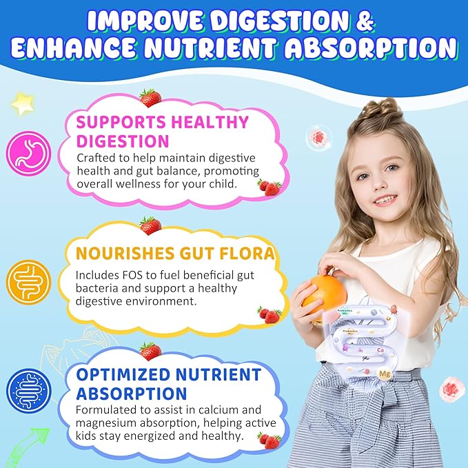 Kids Calcium Gummies + D3 & Magnesium for 4+, with Calcium Citrate Calcium Gluconate, Calcium Lactate, Probioics & Prebiotics for Children Bone Growth, Muscle Support,Digestive Health,Sugar Free 60Cts