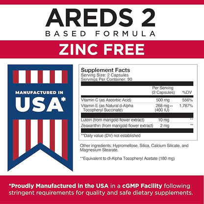 Viteyes AREDS 2 Zinc Free Macular Support, Natural Allergen Free Capsules with Vitamin E, Vitamin C, Lutein & Zeaxanthin, No Zinc, No Copper, Eye Doctor Trusted, Manufactured in The USA, 180 Ct