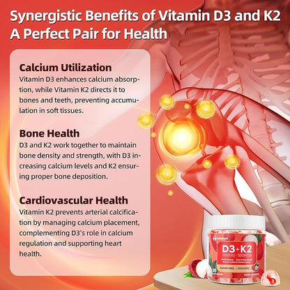 Vitamin D3 K2 Gummies w/Magnesium Sugar Free - 90 Count | D3 Vitamin 5,000 IU + K2(MK-7) 100 mcg - Vegan K2 D3 Vitamin Supplement, Highly Absorbent Supports Bone, Muscle, Mood & Immune(Lychee Flavor)
