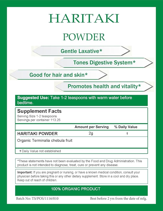 Organic Haritaki Powder USDA Certified Organic, 1/2 Pound