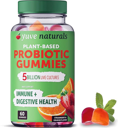 Yuve Vegan Probiotic Gummies, Probiotics for Women & Men, Sugar & Gluten-Free Gummy Probiotics, Digestive & Immune Support, 5 Billion CFU, Helps with Constipation, Bloating & Leaky Gut, Non-GMO - 60ct