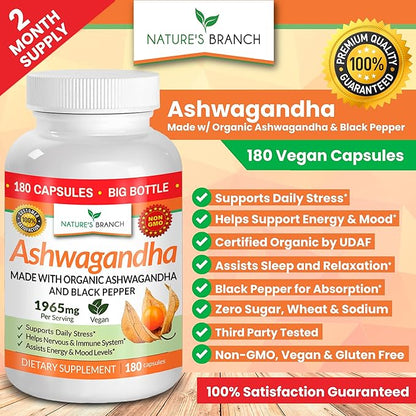 UDAF Certified Organic Ashwagandha with Black Pepper - 180 Capsules - 1965mg Extra Strength for Stress, Sleep, Mood, Thyroid, Focus, Hair, Vegan Pure Root Extract Powder - Men and Women Supplements