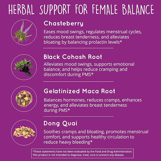 Hormone Balance for Women – PMS Support Supplement, Menopause & Perimenopause | Bloating Relief, Menstrual Cramp, Mood, PMDD | Chasteberry Supplements, Black Cohosh, Dong Quai | Vegan, Non-GMO, 60 Ct