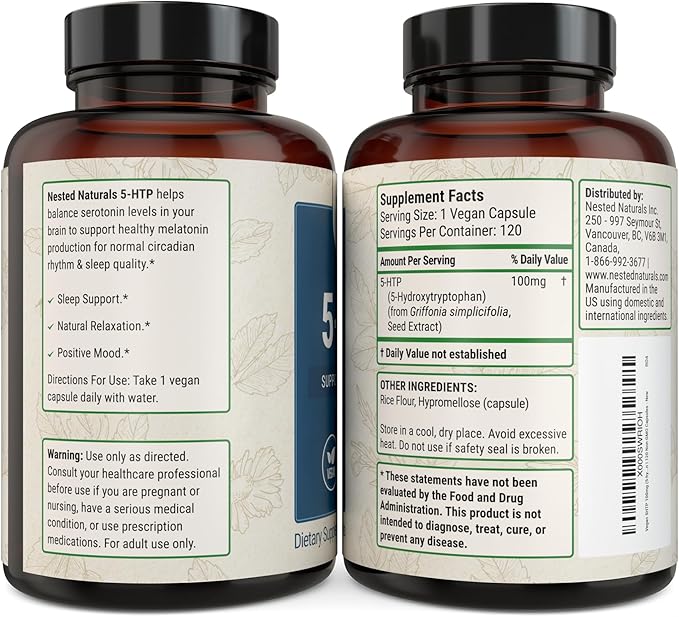 Nested Naturals 5-HTP 100 mg (5-hydroxytryptophan) 5HTP Supplement 120 Non-GMO,