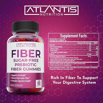 Atlantis Nutrition Sugar Free Fiber Gummies for Adults - 5G Fiber Supplement Formulated with 5.4G Prebiotic Digestive Blend - Supports Gut Health & Promotes Healthy Digestion - 2-Pack 120 Gummies