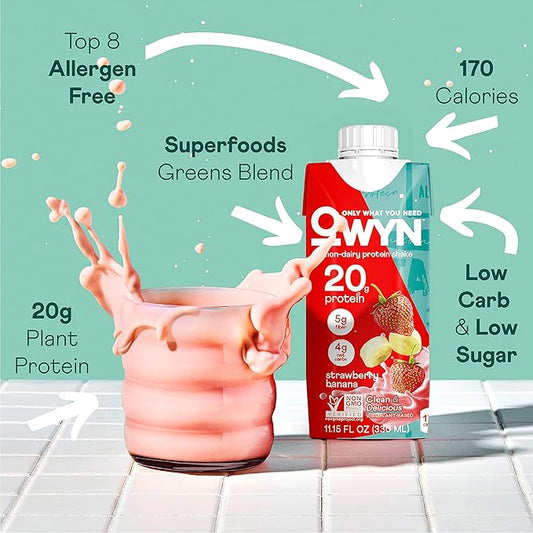 OWYN Only What You Need Vegan Protein Shake, Strawberry Banana, 20g Plant Based Protein, Omega-3, Prebiotic Supplements, Gluten-Free, Soy-Free, Non-GMO (36 Pack) (Packaging May Vary)