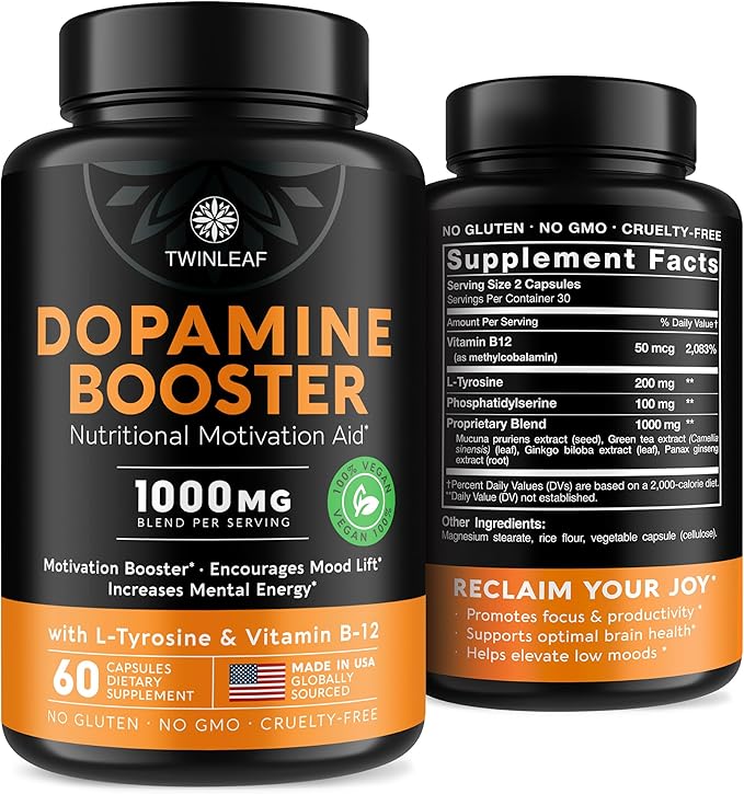 Dopamine Brain Support Supplement, 1000 mg Blend B12 and 60 Capsules