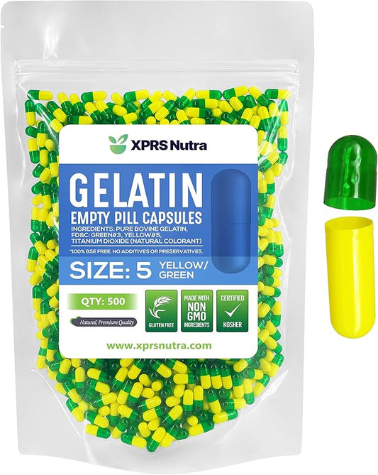 XPRS Nutra Size 5 Empty Capsules - 500 Count Very Small Empty Gelatin Capsules - Empty Pill Capsules - DIY Capsule Filling - Fillable Pill Capsules Empty Gel Caps (Green/Yellow)