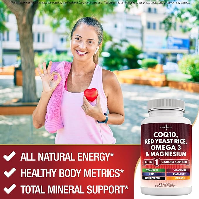 NEW AGE COQ10 200mg Red Yeast Rice 3000mg Omega 3-6-9 3000mg Magnesium Complex 500mg Zinc Vitamin K2 D3 - Heart Health Support Vitamins for Women and Men with Vitamin B3, Coenzyme Q10-60 Count