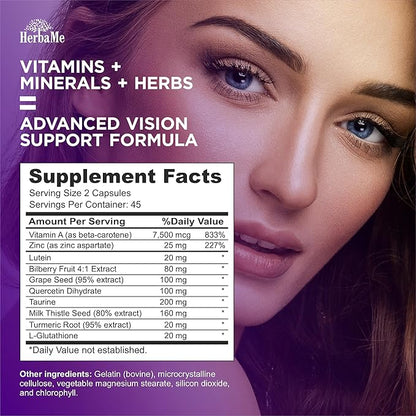 Eye Vitamins Supplement with Lutein, Bilberry, 90 Capsules,