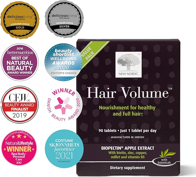 NEW NORDIC Hair Volume Tablets, 3000 mcg Biotin & Biopectin Apple Extract, Hair Vitamins to Support Natural Hair Growth for Thicker, Fuller Hair, for Men and Women, 90 Count (Pack of 1)