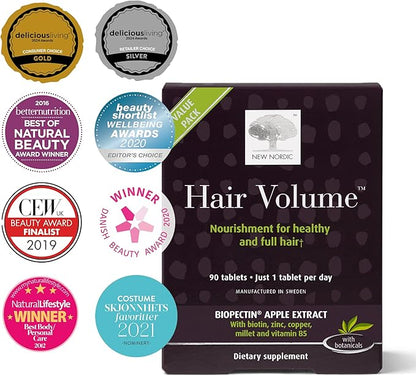 NEW NORDIC Hair Volume Tablets, 3000 mcg Biotin & Biopectin Apple Extract, Hair Vitamins to Support Natural Hair Growth for Thicker, Fuller Hair, for Men and Women, 90 Count (Pack of 1)