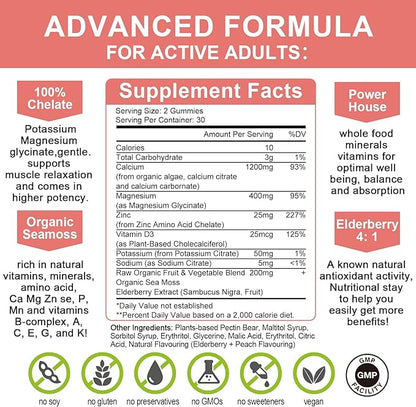 1200mg Calcium Gummies with D3,K2,Zinc - Plant Complex Calcium Magnesium Supplement with Glycinate,Potassium,Vitamin C &Whole Natural Food for Bone & Immune Support- 120 Chewable Gummy Sugar-Free