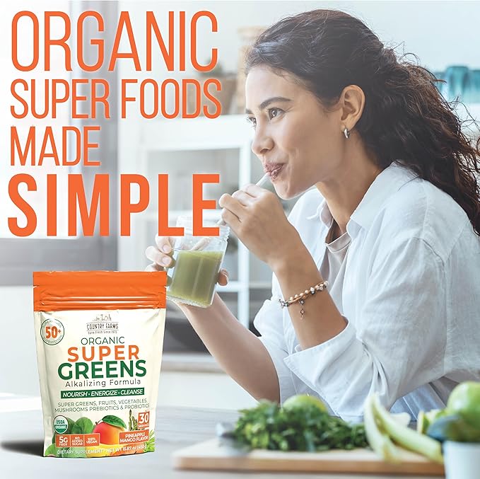 COUNTRY FARMS Super Greens Pineapple-Mango Flavor, 50 Organic 30 Servings