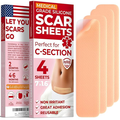 Medical Grade Silicone Scar Sheets 4pk (7”x1.6”) (7”x1.6”) -
