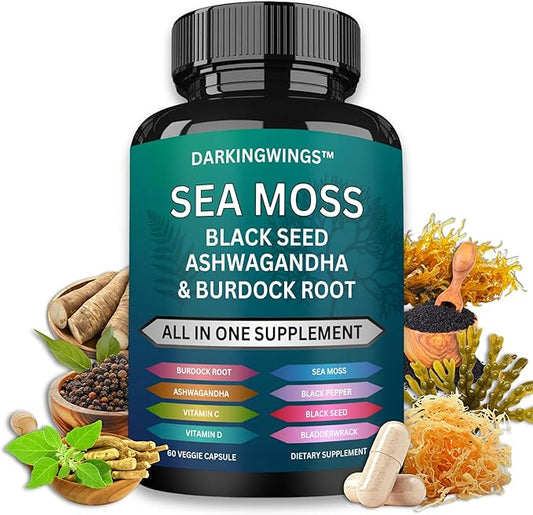 Sea Moss Advanced - Irish Sea Moss 3000mg Black Seed Oil 2000mg Ashwagandha 1000mg Bladderwrack 1000mg Burdock 1000mg Vitamins C&D - Sea Moss Overall Health, Immunity Support, 60 Sea Moss Capsules
