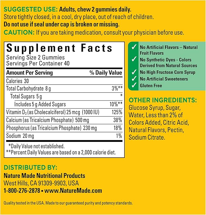 Nature Made Calcium Gummies 500 mg D3, Dietary 80 Gummies, 40 Day