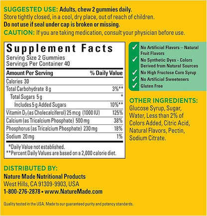 Nature Made Calcium Gummies 500 mg D3, Dietary 80 Gummies, 40 Day
