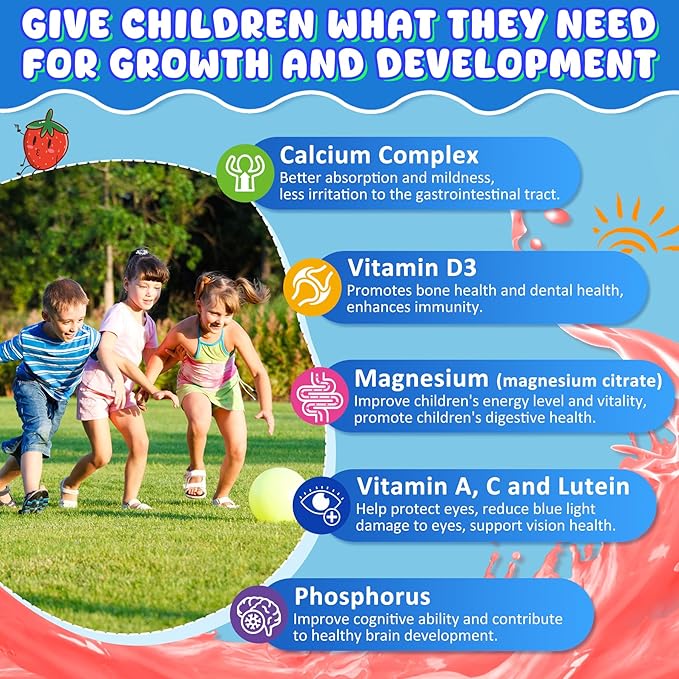 Kids Calcium Gummies + D3 & Magnesium for 4+, with Calcium Citrate Calcium Gluconate, Calcium Lactate, Probioics & Prebiotics for Children Bone Growth, Muscle Support,Digestive Health,Sugar Free 60Cts