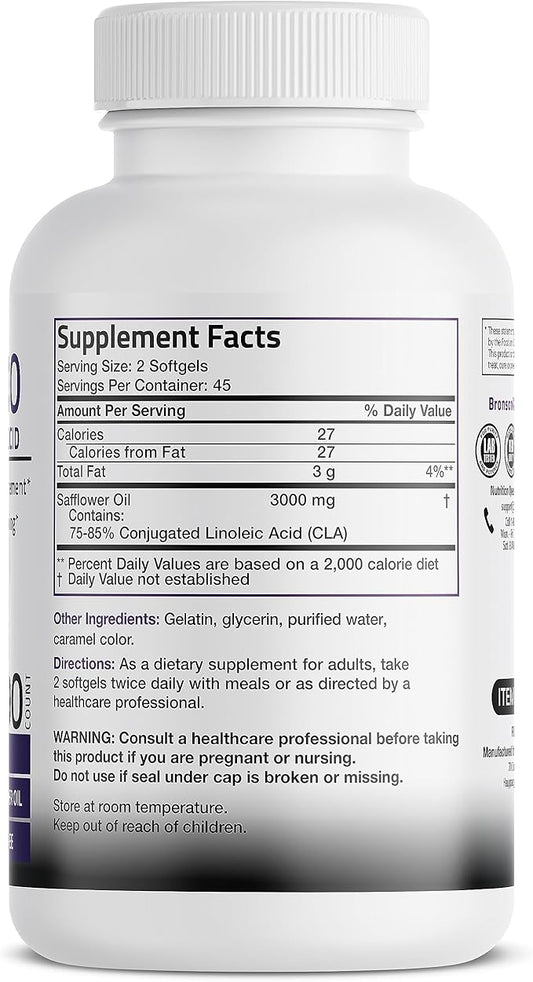 Bronson CLA 3000 Extra High Potency Supports Healthy Weight Management Lean Muscle Mass Non-Stimulating Conjugated Linoleic Acid, 90 Softgels