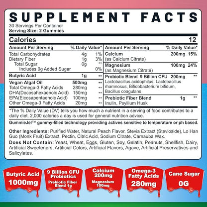 Butyrate Gummies with Probiotic + Prebiotic 9 Billion Omega-3, Inulin,