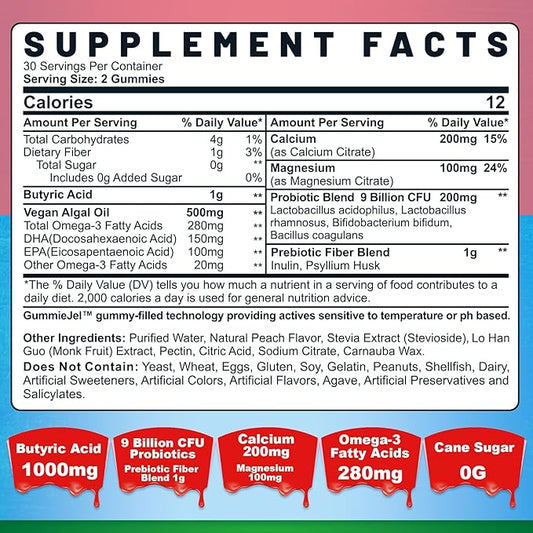 Butyrate Gummies with Probiotic + Prebiotic 9 Billion Omega-3, Inulin,