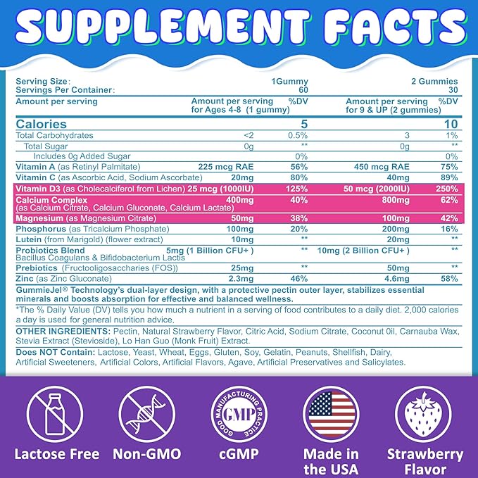 Kids Calcium Gummies + D3 & Magnesium for 4+, with Calcium Citrate Calcium Gluconate, Calcium Lactate, Probioics & Prebiotics for Children Bone Growth, Muscle Support,Digestive Health,Sugar Free 60Cts