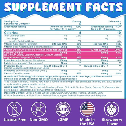 Kids Calcium Gummies + D3 & Magnesium for 4+, with Calcium Citrate Calcium Gluconate, Calcium Lactate, Probioics & Prebiotics for Children Bone Growth, Muscle Support,Digestive Health,Sugar Free 60Cts