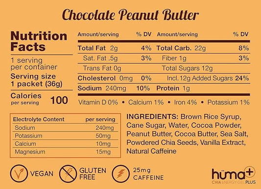Huma Plus (Double Electrolytes) - Chia Energy Gel, Chocolate Peanut Butter, 12 Gels - Stomach Friendly, Real Food Energy Gels